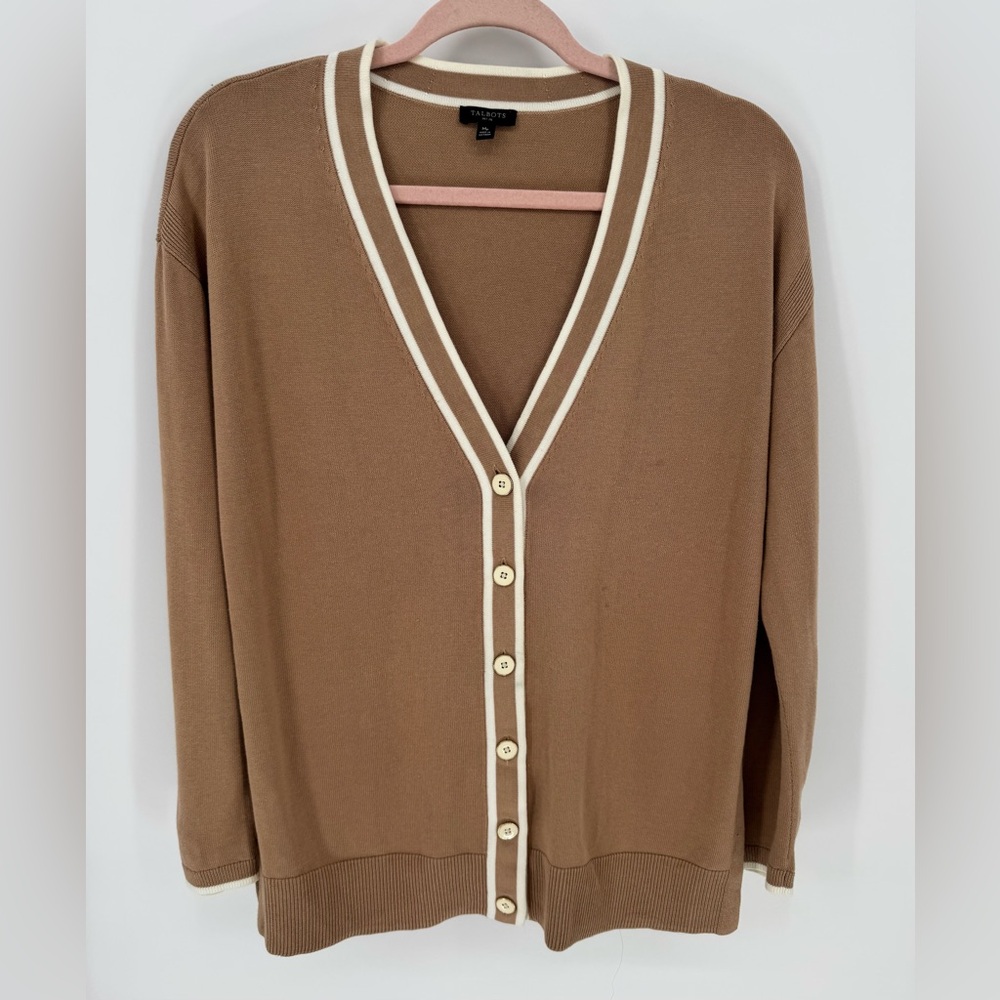Talbots Petite Cardigan Tan w/ White Edging Buttons Womens